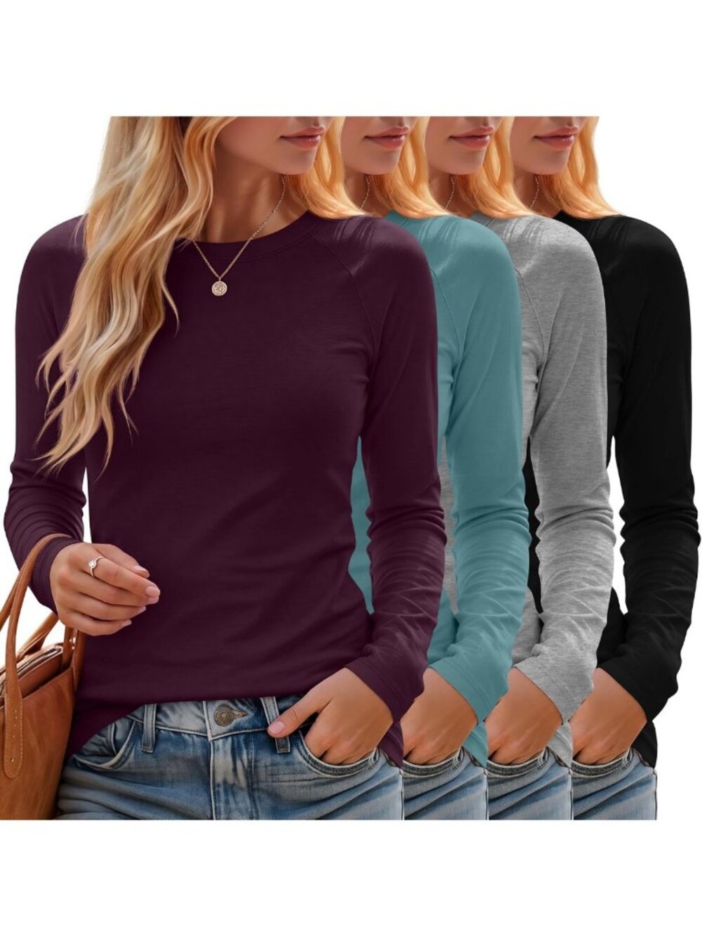 4 Pack Women's Long Sleeve Tops - Fall Essentials, Casual Basic Shirts